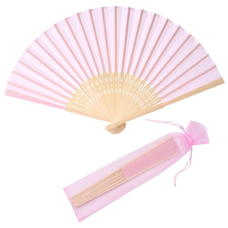 SL crafts 24pcs Imitated Silk Hand Fan Imitated Silk Fabric Bamboo Handheld Folded Fan Bridal Dancing Props Church Wedding Party Favors with Organza Bags (Pink) - Image 1